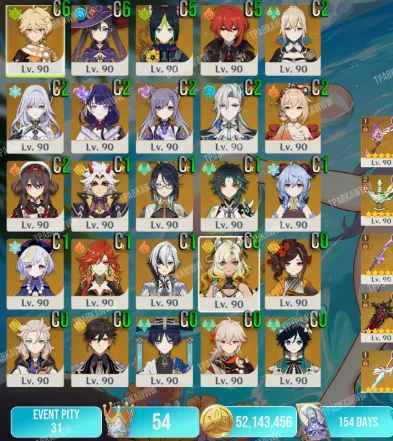 GI948 122 Legendaries, Skirk C2R1, Hu Tao C2R1, Yoimiya C2R1, Raiden C2R1, Neuvillette C2R1 (G)